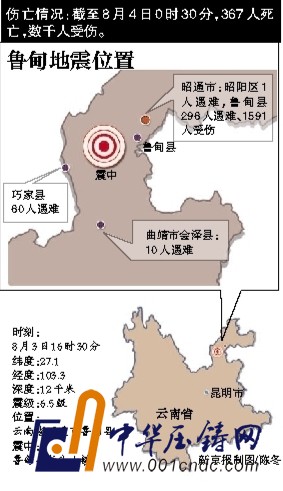 8月3日，救援人員在云南魯?shù)榭h地震現(xiàn)場(chǎng)救援。該地發(fā)生6.5級(jí)地震，為14年來(lái)最大震級(jí)。新華社發(fā)